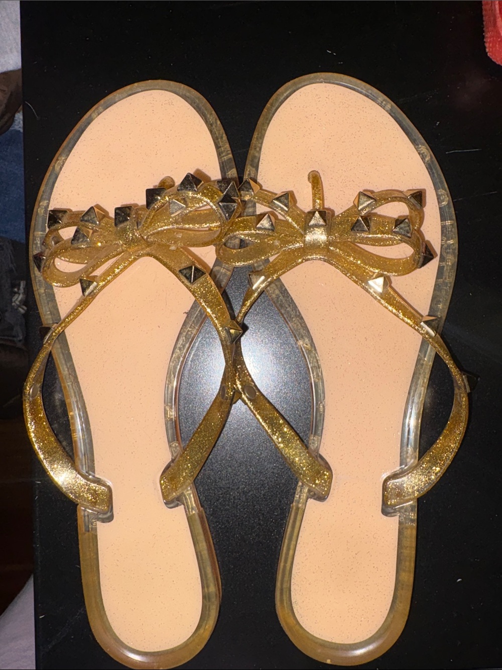 Gold Bow Studded Jelly Flip Flop Sandals - Women